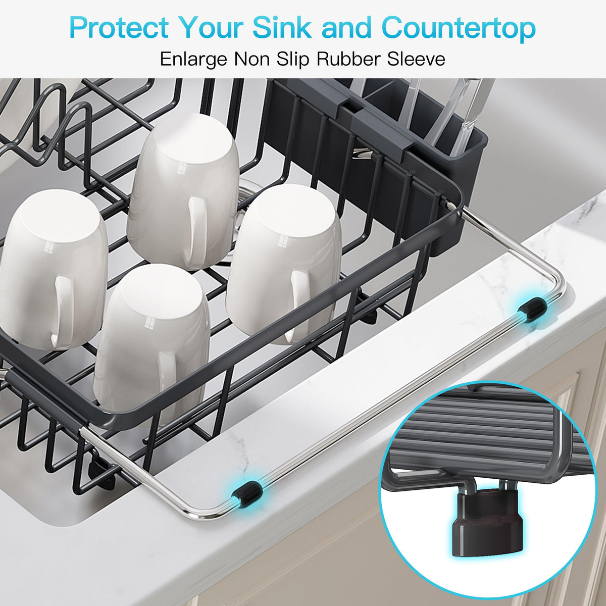 Gray Dish Drying Rack Over the Sink with Utensil Holder