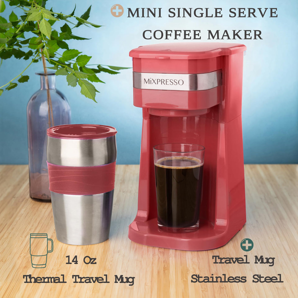 Single Serve & Single Cup Coffee Maker with 14oz Travel Mug Red