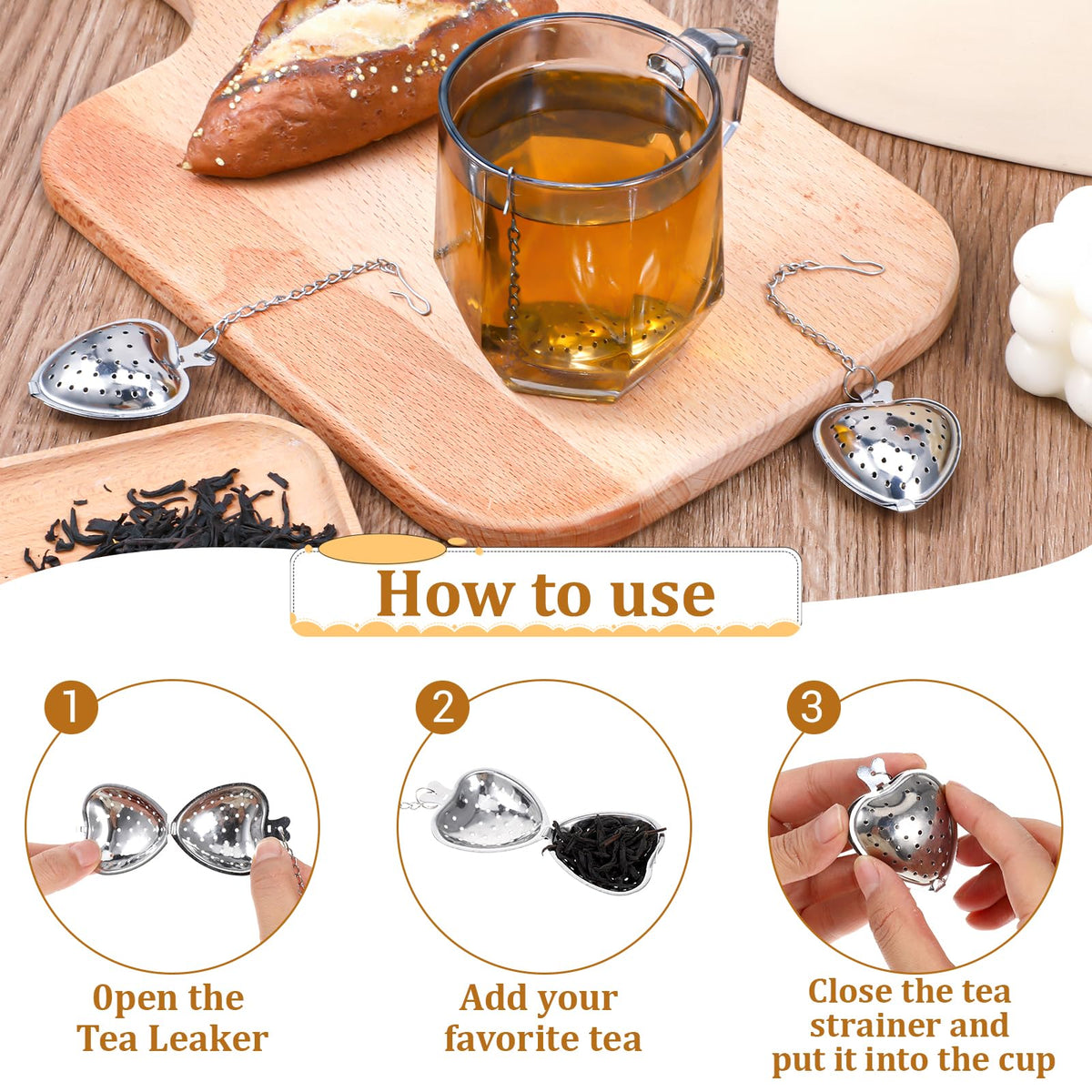 50 Pcs Tea Strainer Stainless Steel Ball Infuser Mesh Heart Shaped Tea Strainer Loose Leaf Steeper Interval Diffuser with Extended Chain Hook Tea Filters for Seasonings Cup Bottle (50 Count)