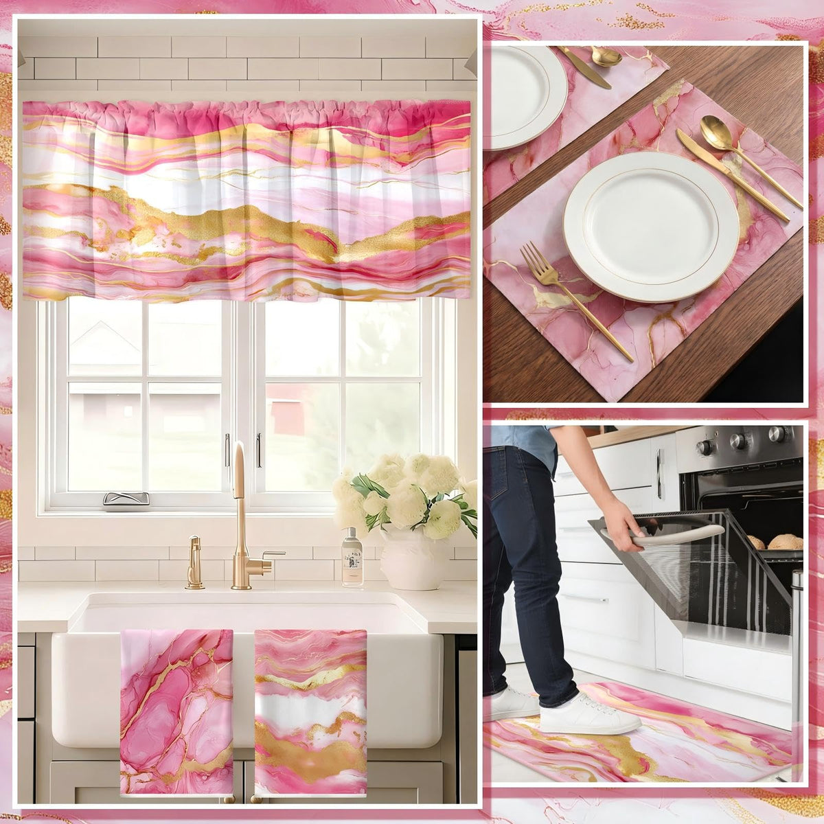 16 Pcs Pink Marble Kitchen Decor Set 4 Marble Kitchen Towels 2 Non Slip Rugs and Mats for Floor 2 Pink Oven Mitts Gloves 2 Pot Holders 4 Placemats 2 Gold Curtains for Home Decoration Gift (16 Count)