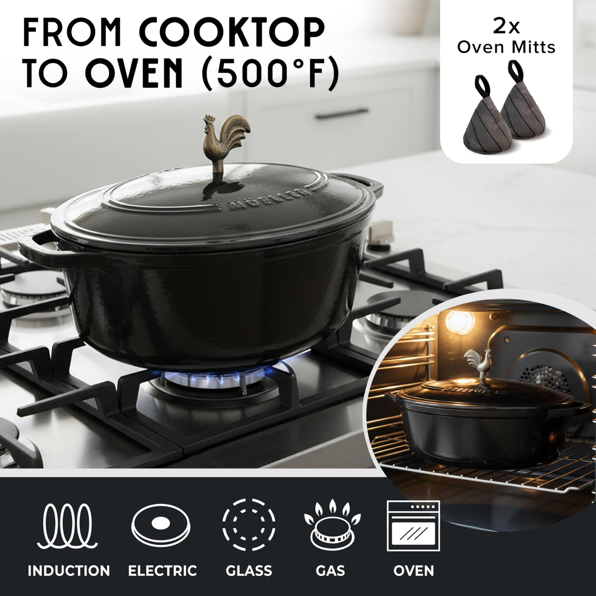 5.5 Quart Enameled Cast Iron Oval Dutch Oven with Rooster Knob & Cotton Potholders