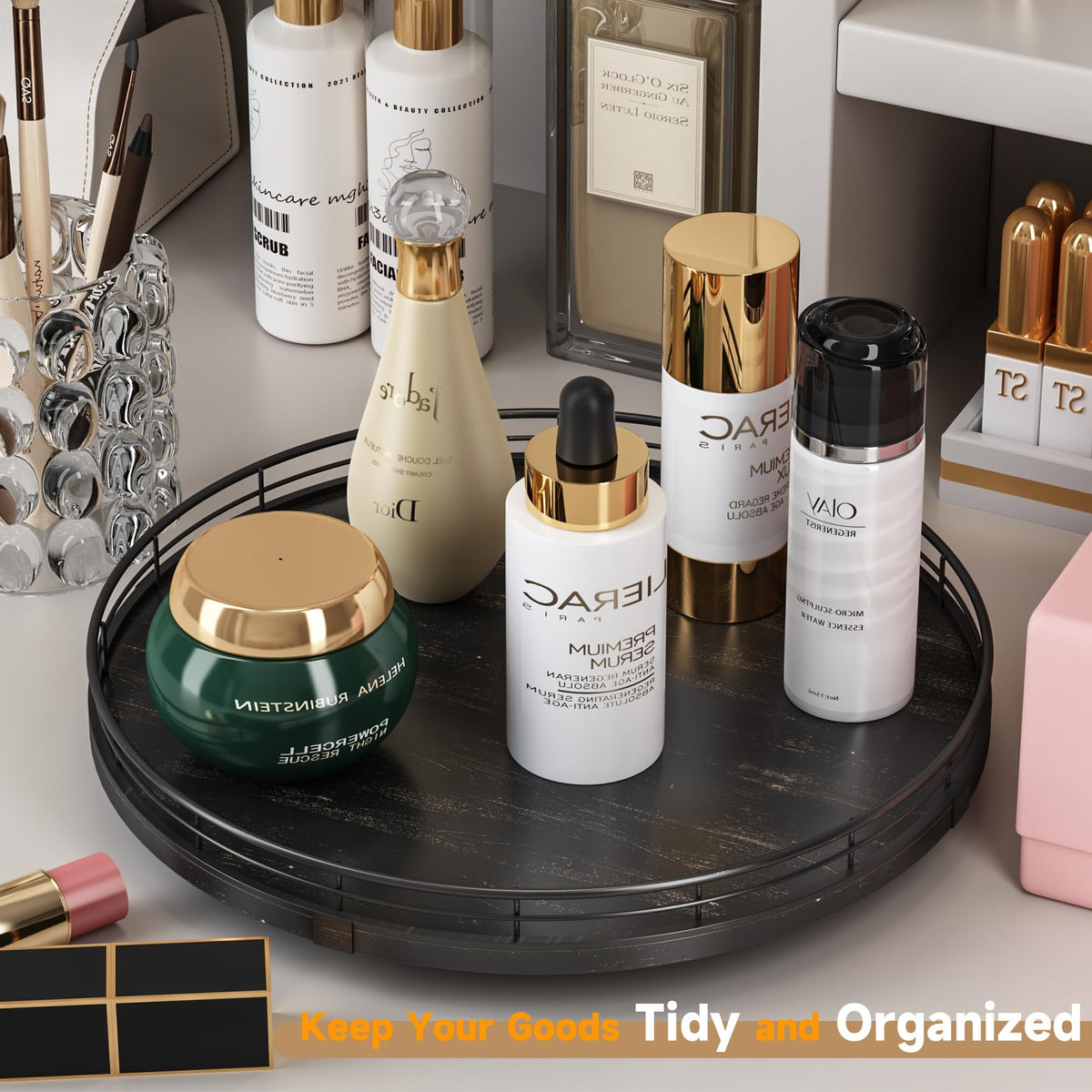 13 Inch Oak Lazy Susan Vanity Tray with Black Brushed Gold Finish Rail