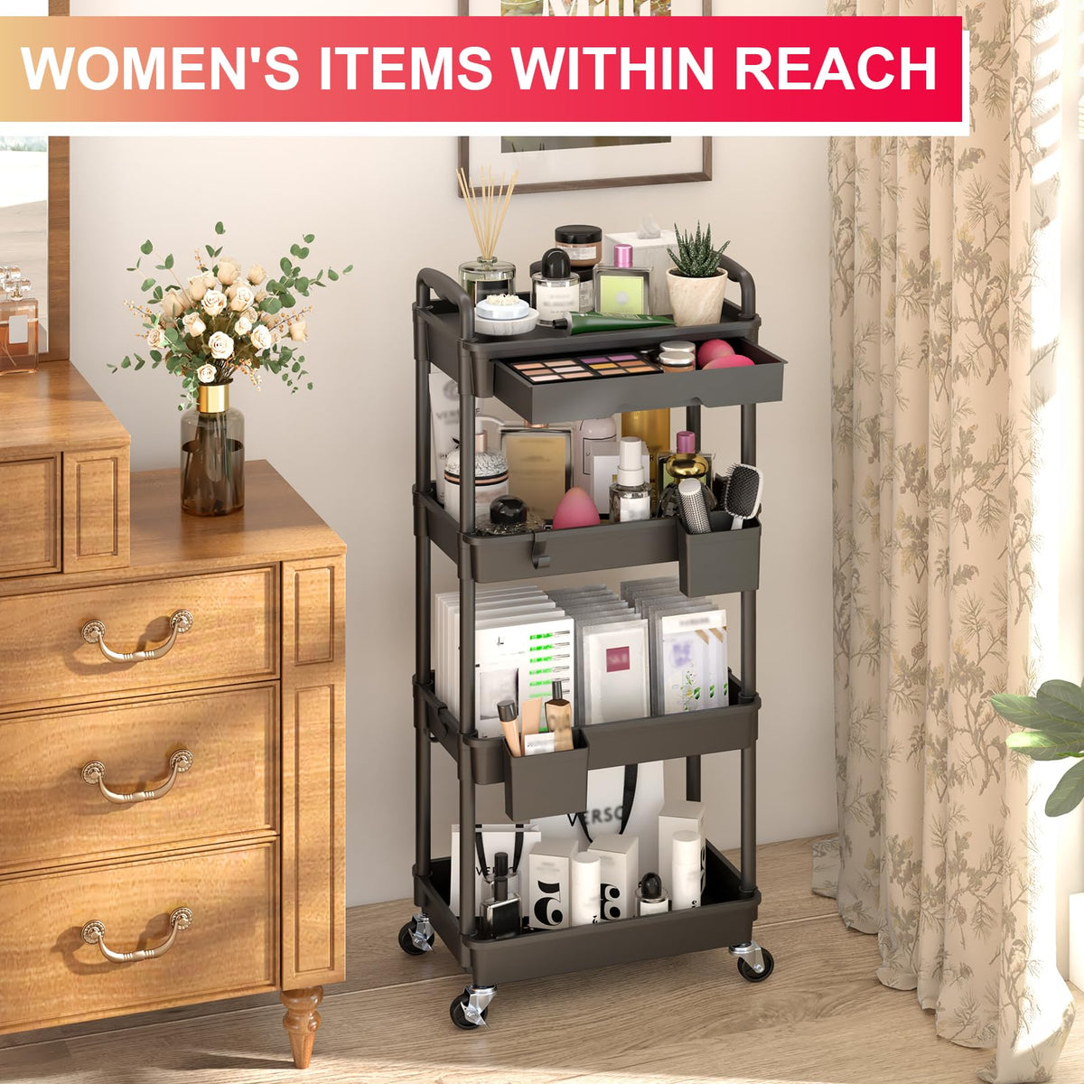 4 Tier Rolling Utility Cart Organizer with Removable Drawer