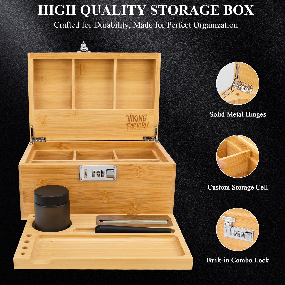 Large Lockable Bamboo Storage Box with Removable Tray and Combination Lock