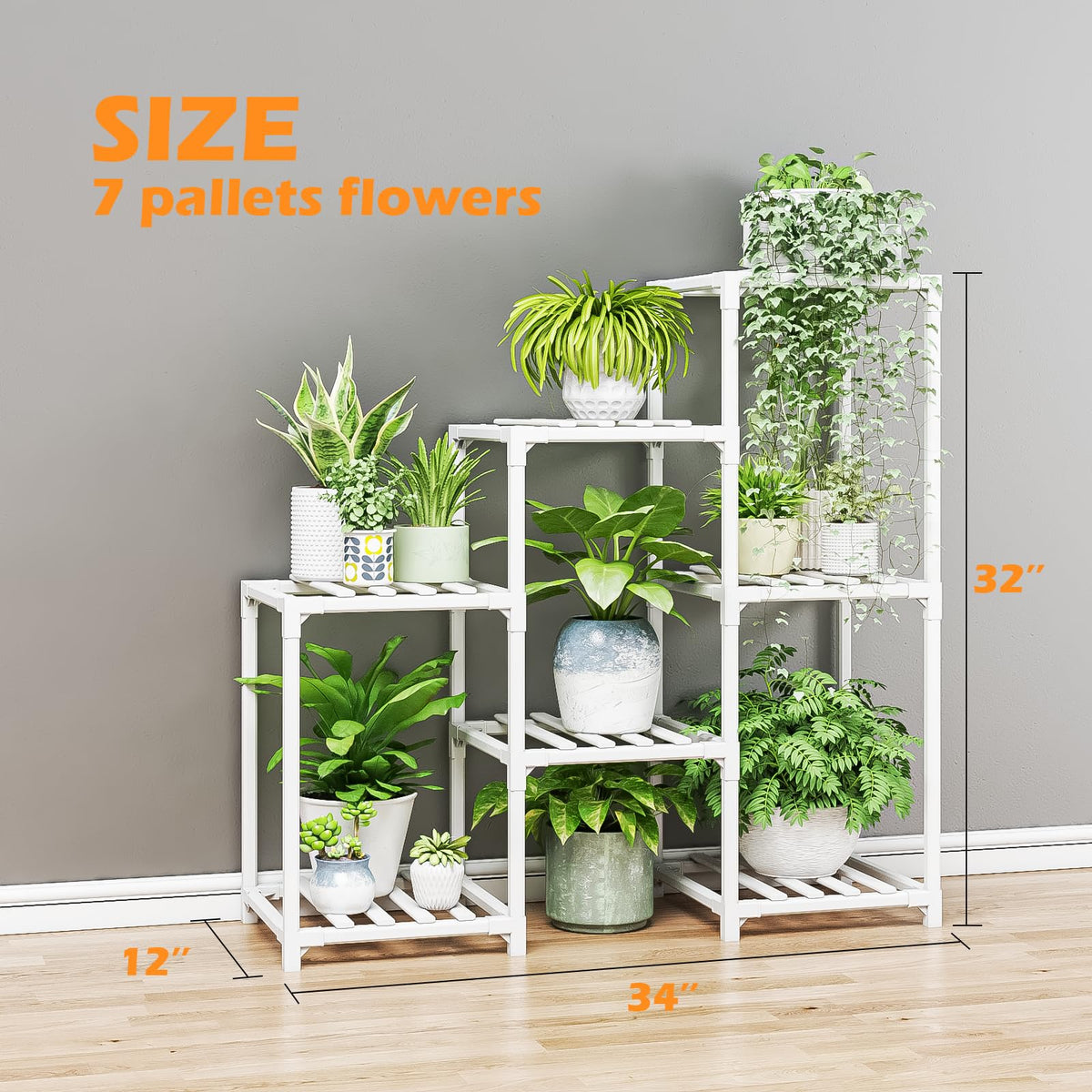 Indoor Plant Stand Outdoor White Shelf Bamboo Plant Table for Multiple Plants 3 Tiers 7 Pots Ladder Holder Pot Window Garden Balcony Living Room
