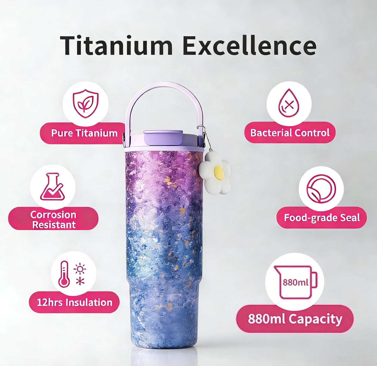 30oz 880ml Titanium Tumbler with Tea Infuser & Straw Lid