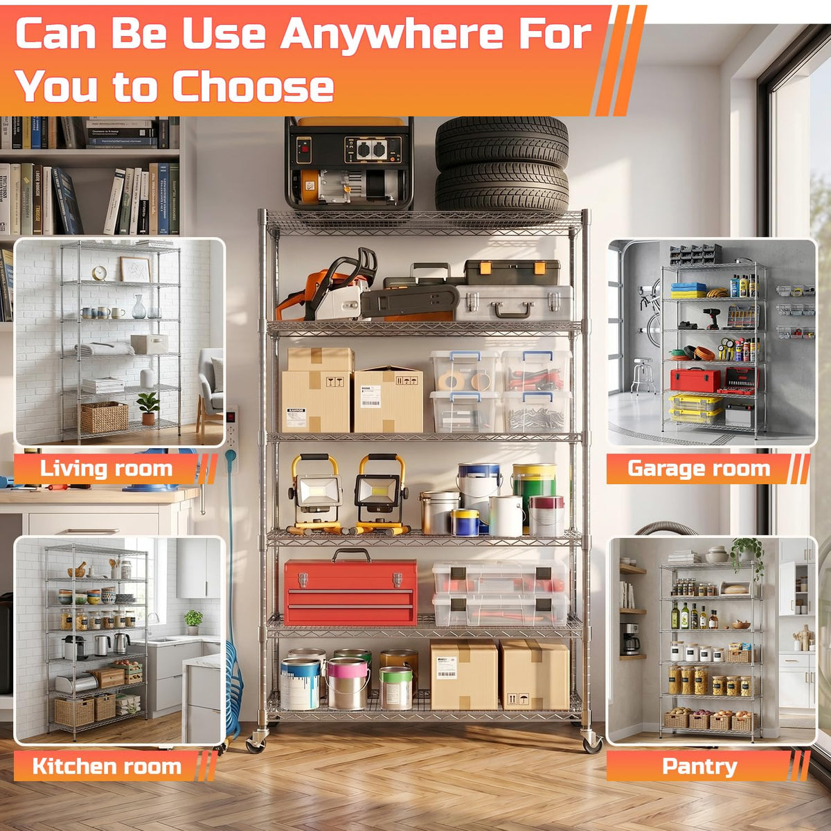 48 inch L×18 inch W×76 inch H Wire Shelving Unit Metal Shelf with 6 Tier Casters Adjustable Layer Rack Strong Steel for Restaurant Garage Pantry Kitchen Garage