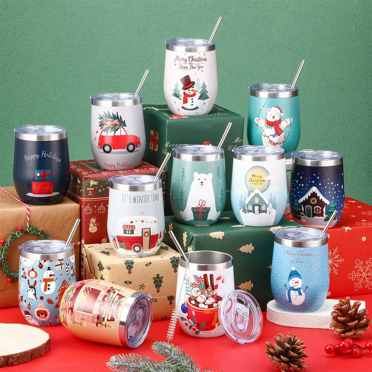 12 Pack Christmas Tumbler Bulk with Lid and Straw Brush (12 Count)