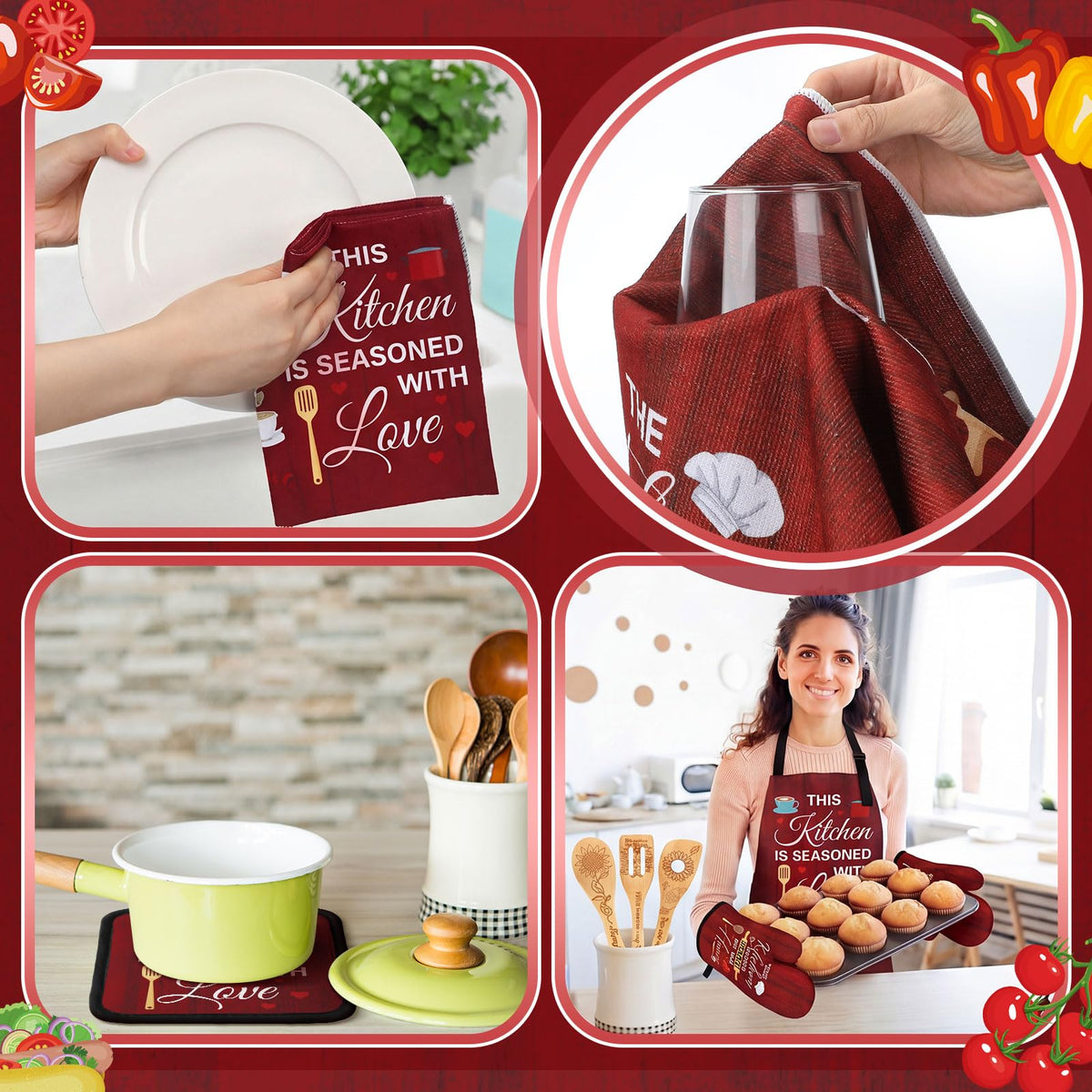 17 Pcs Farmhouse Kitchen Decor and Accessories Red Funny Kitchen Set Rug and Mat Oven Mitts and Pot Holders Apron Dish Towels Cute Wooden Spoons for Holiday Decoration Home Housewarming Gift (17 Count)