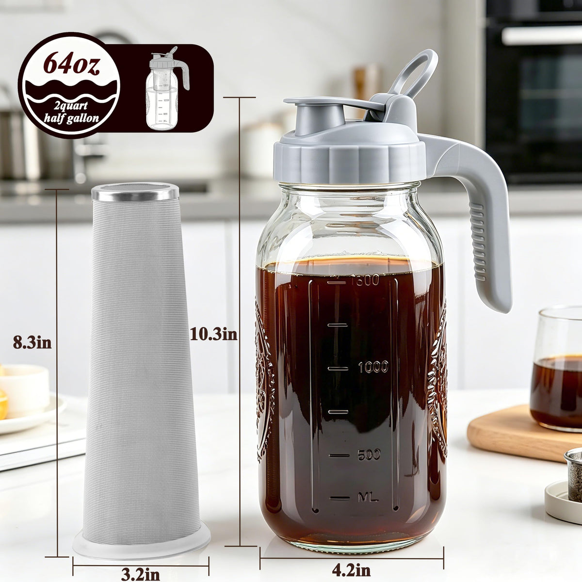 Cold Brew Coffee Maker 64oz Mason Jar Pitcher with Stainless Steel Filter