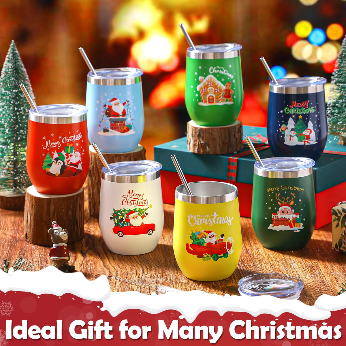 7 Set Christmas Wine Tumbler with Lid Straw Brush (7 Count)