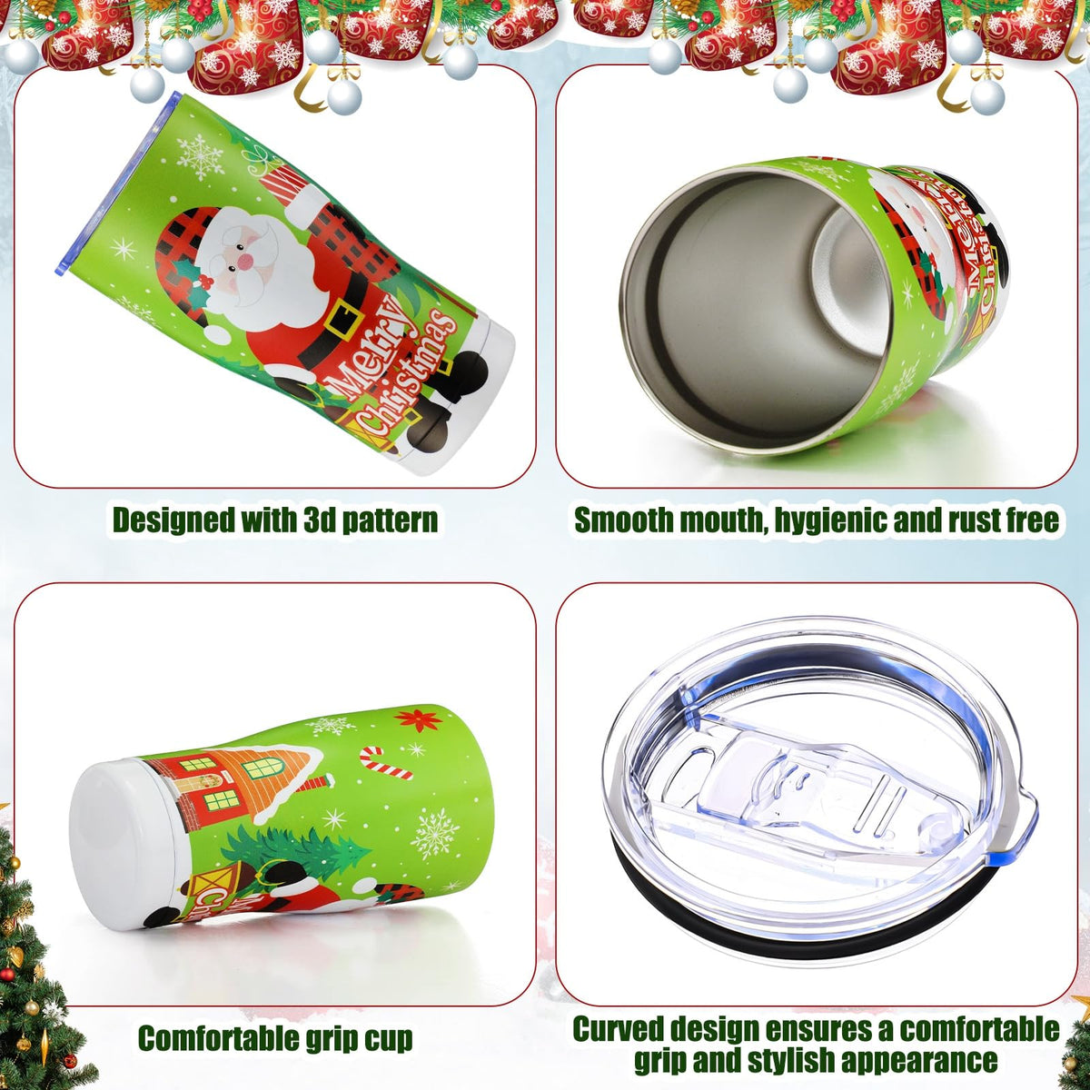 4 Sets 20oz Christmas Tumblers with Lids and Straws Christmas Stainless Steel Tumbler Double Wall Insulated Travel Coffee Mug for Xmas Gift Holiday Family Friend Drinks (4 Count)