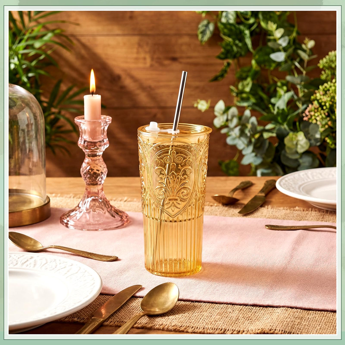 4 Set 20oz Vintage Plastic Tumbler with Lids and Straws Ribbed Floral Drinking Glasses Reusable Iced Coffee Cups for Water Juice Smoothie Cocktail Travel Party Events Gift (4 Count)