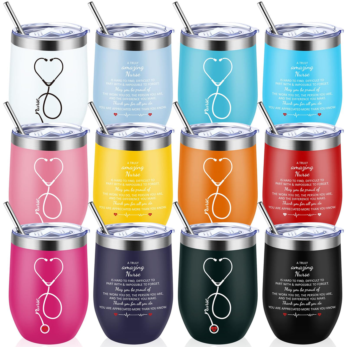 Nurse Week Gifts for Women Nursing Appreciation 12 oz Stainless Steel Wine Tumbler with Lid Insulated Coffee Mug Thank You Gift for CNA RN Students Graduation School (12 Count)