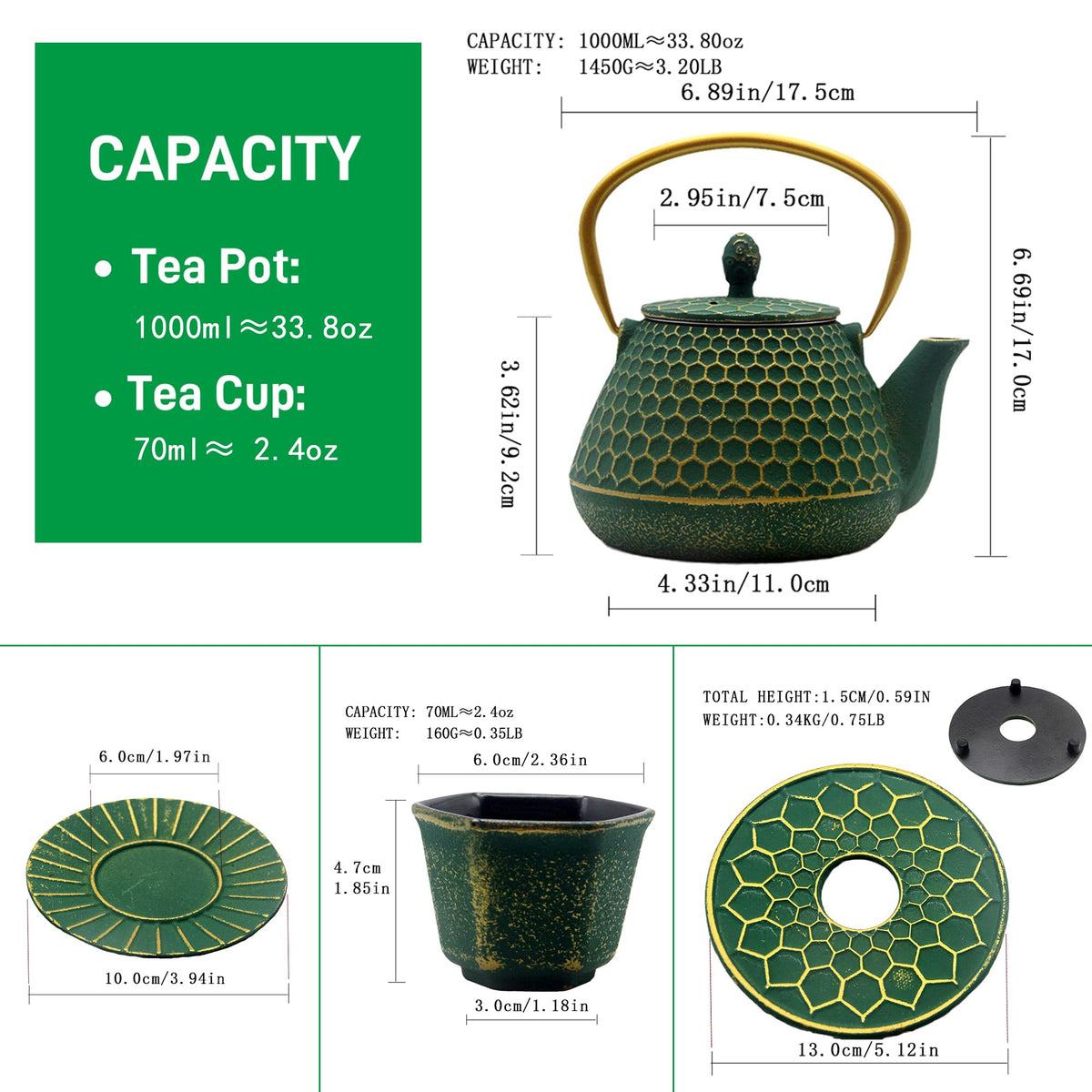 Cast Iron Teapot and Tea Cups Set