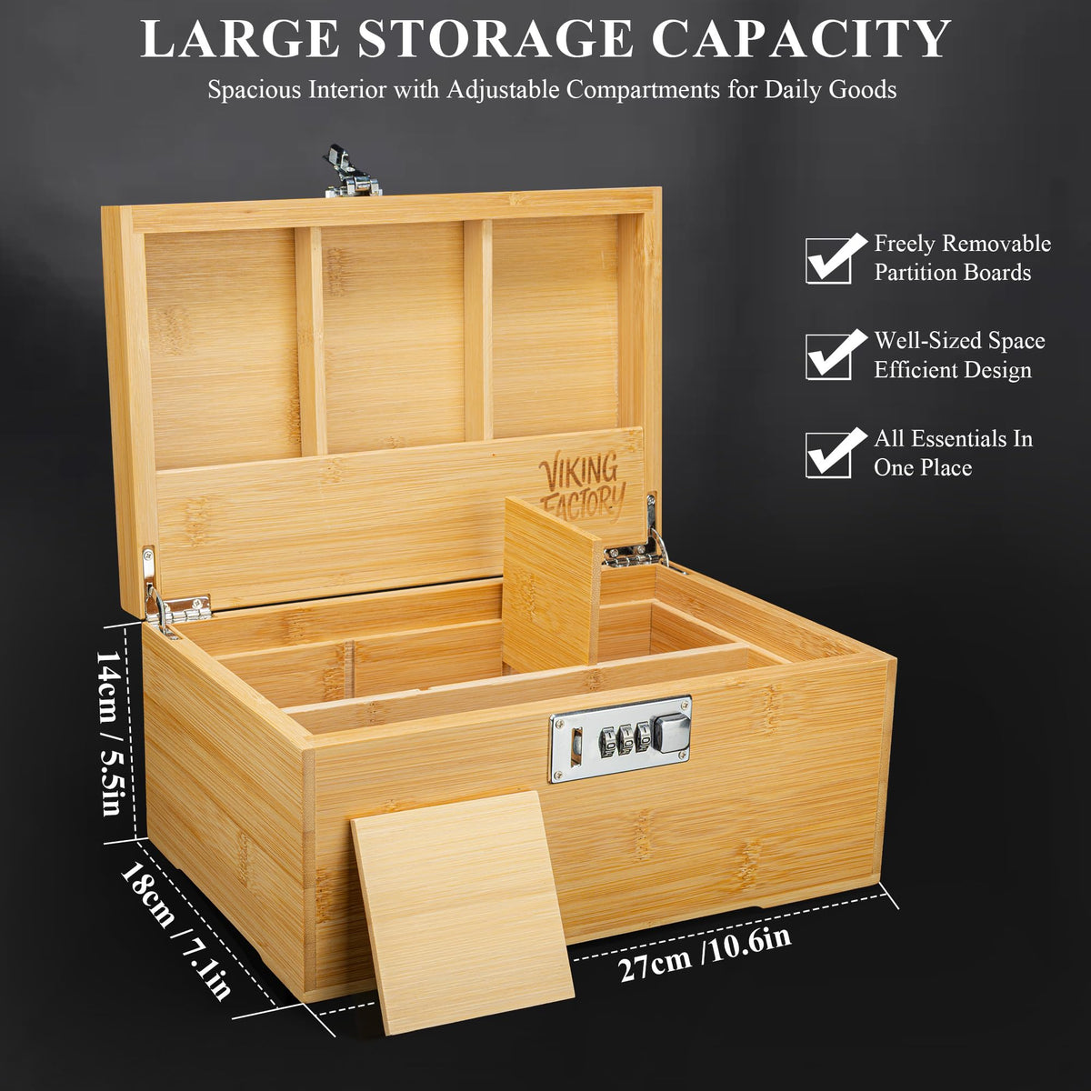 Large Lockable Bamboo Storage Box with Removable Tray and Combination Lock