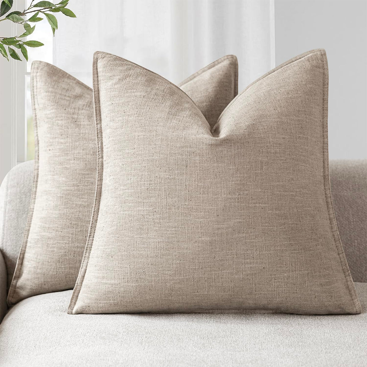 Set of 2 Decorative Linen Solid Throw Pillow Covers Soft Accent Cushion Euro Case Boho Farmhouse Pillowcase for Chair Couch Sofa Bedroom Living Room Home Decor 18 x 18 Inch Natural Linen (2 Count)