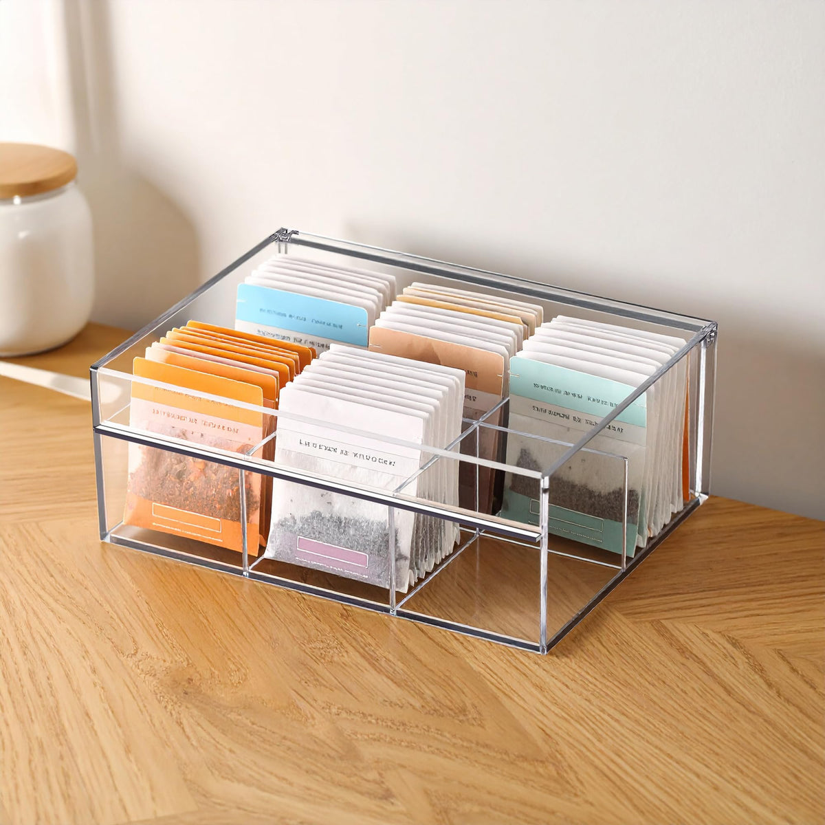 Tea-Rrific - Acrylic 6-Compartment Tea Bag Organizer, Clear Plastic Tea Box, 6-Slot Tea Chest, Perfect Tea Storage Solution for Kitchen Cabinet, Countertop, Pantry, and More (6 Count)