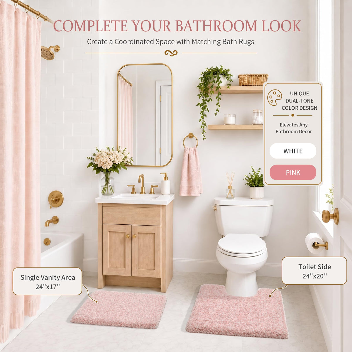 Light Pink and White Bathroom Rugs Non Slip Washable