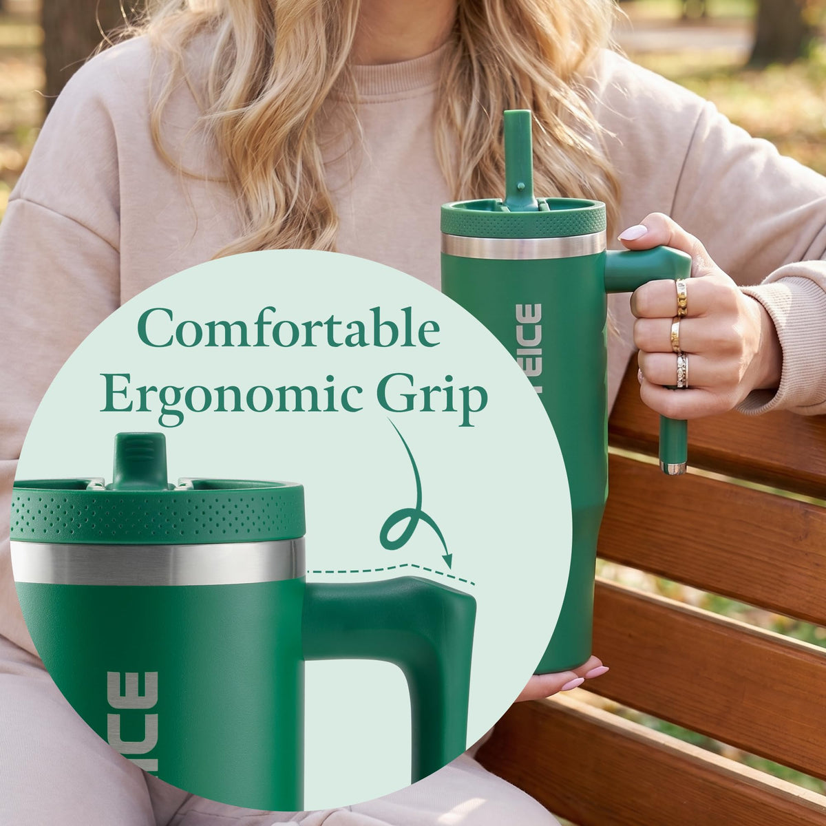 Forest Green 30 oz Insulated Tumbler with Handle Coffee Travel Mug with Lid and Straw