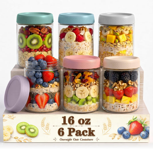 Mason Jars 16 oz Overnight Oats Containers with Lids (6 Count)