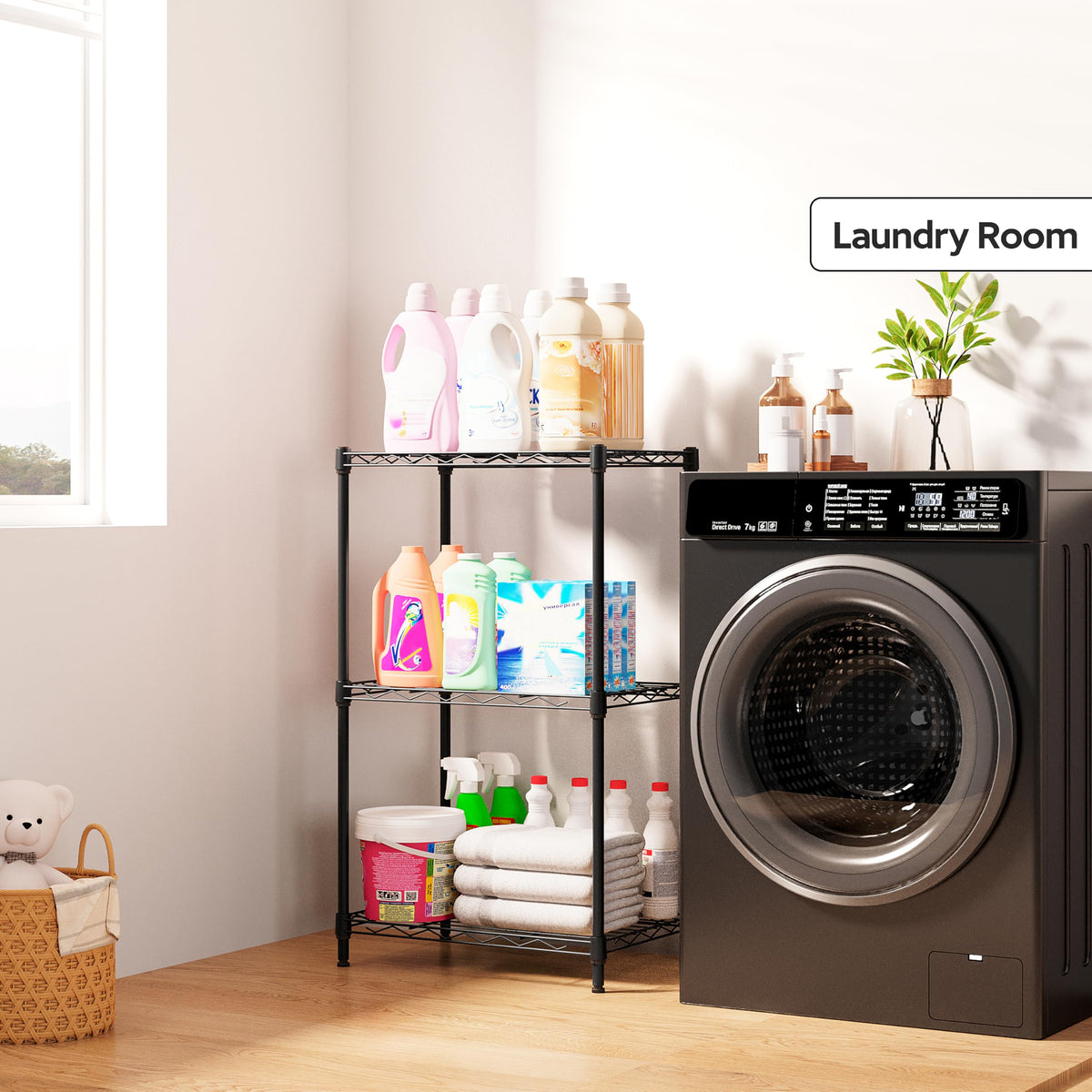 3 Tiers Shelf Metal Storage Shelves Wire Rack Closet Organizers with Wheel for Garage Kitchen Bathroom Laundry Black 11.8" D x 17.7" W x 28.8" H (3 Count)
