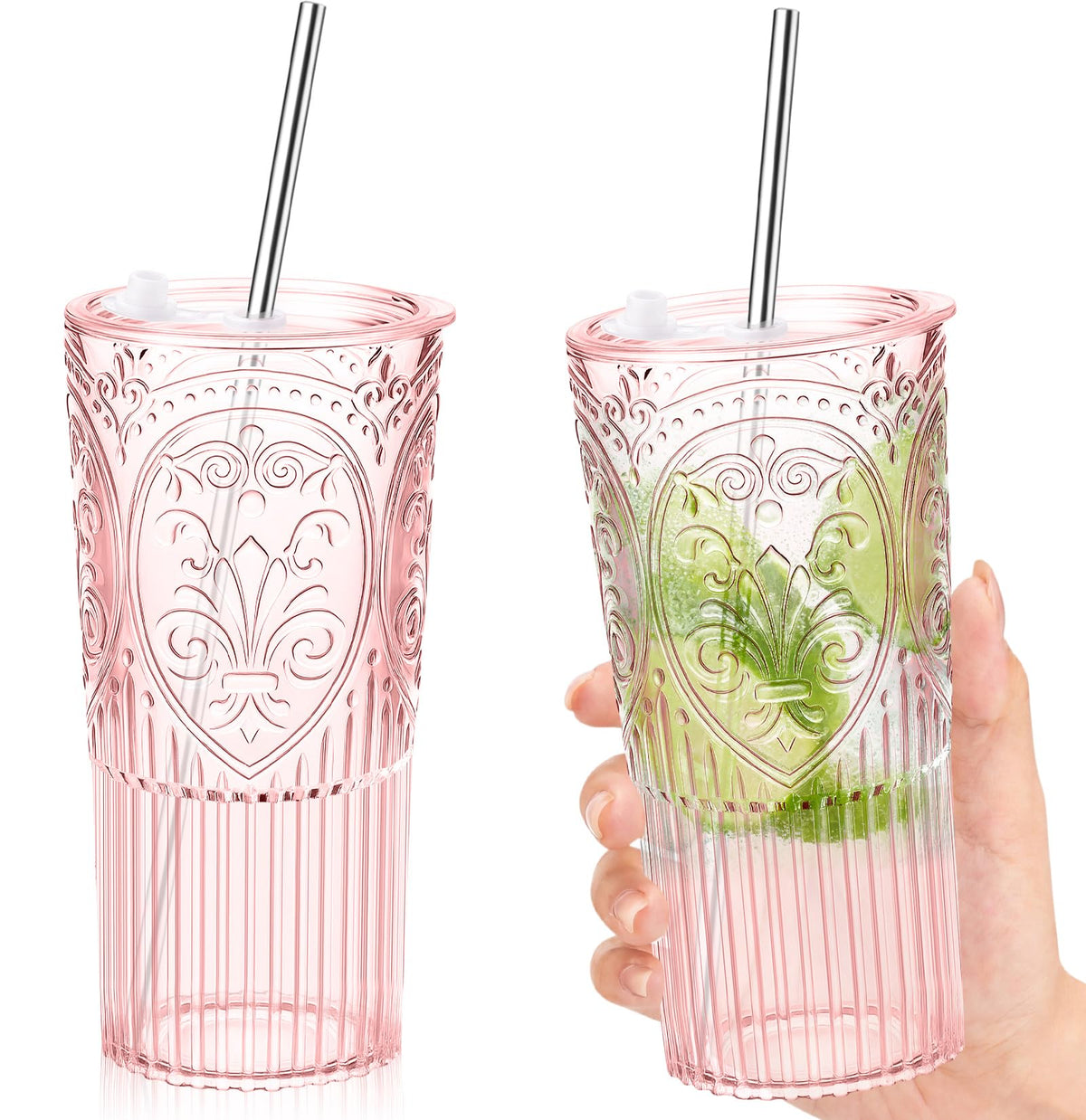 2 Set 20oz Vintage Plastic Tumbler with Lids and Straws Ribbed Floral Drinking Glasses Reusable Iced Coffee Cups for Water Juice Smoothie Cocktail Travel Party Events Gift (2 Count)