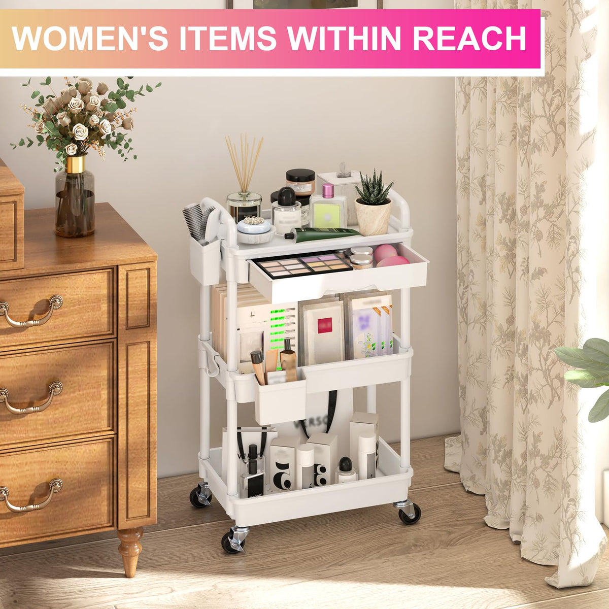 3 Tier Rolling Utility Cart Organizer with Removable Drawer