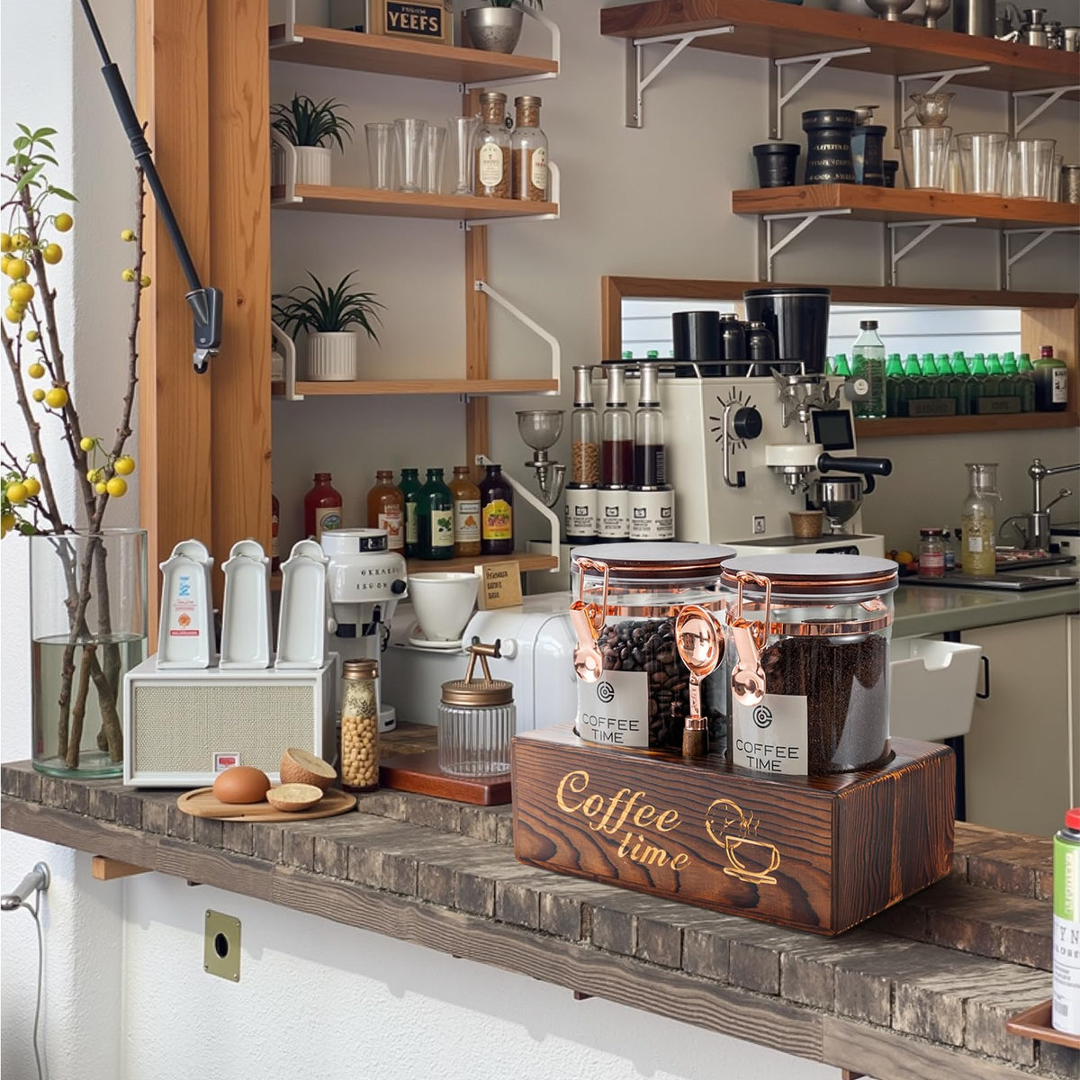 Glass Coffee Canister Set with Torched Wood Shelf