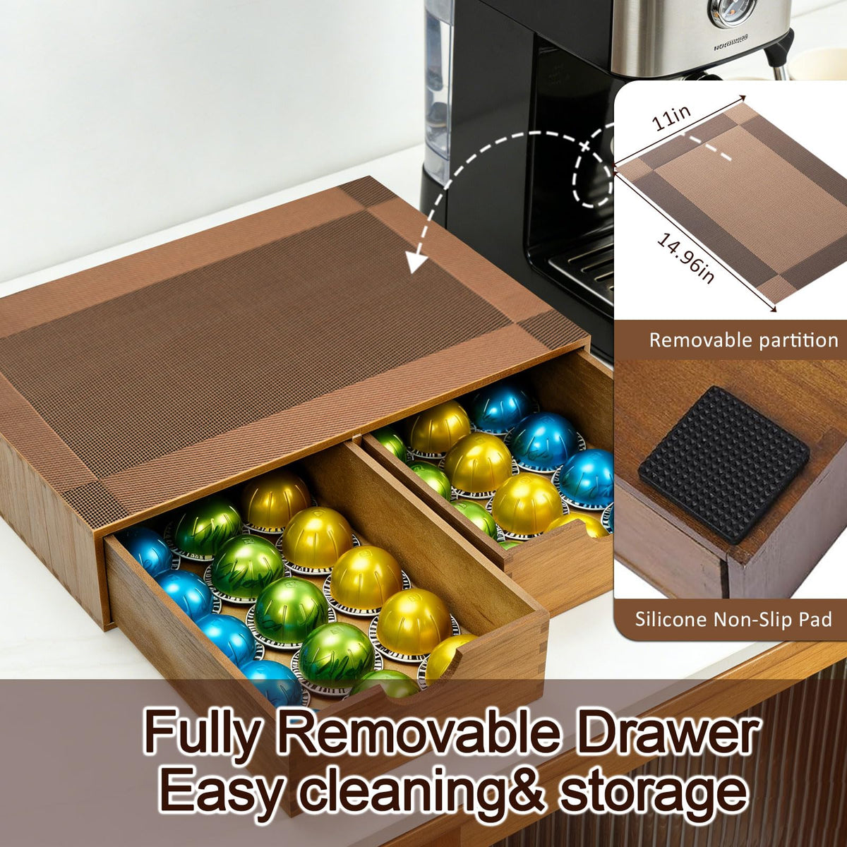 Wooden K Cup Organizer with Drawer & Mat