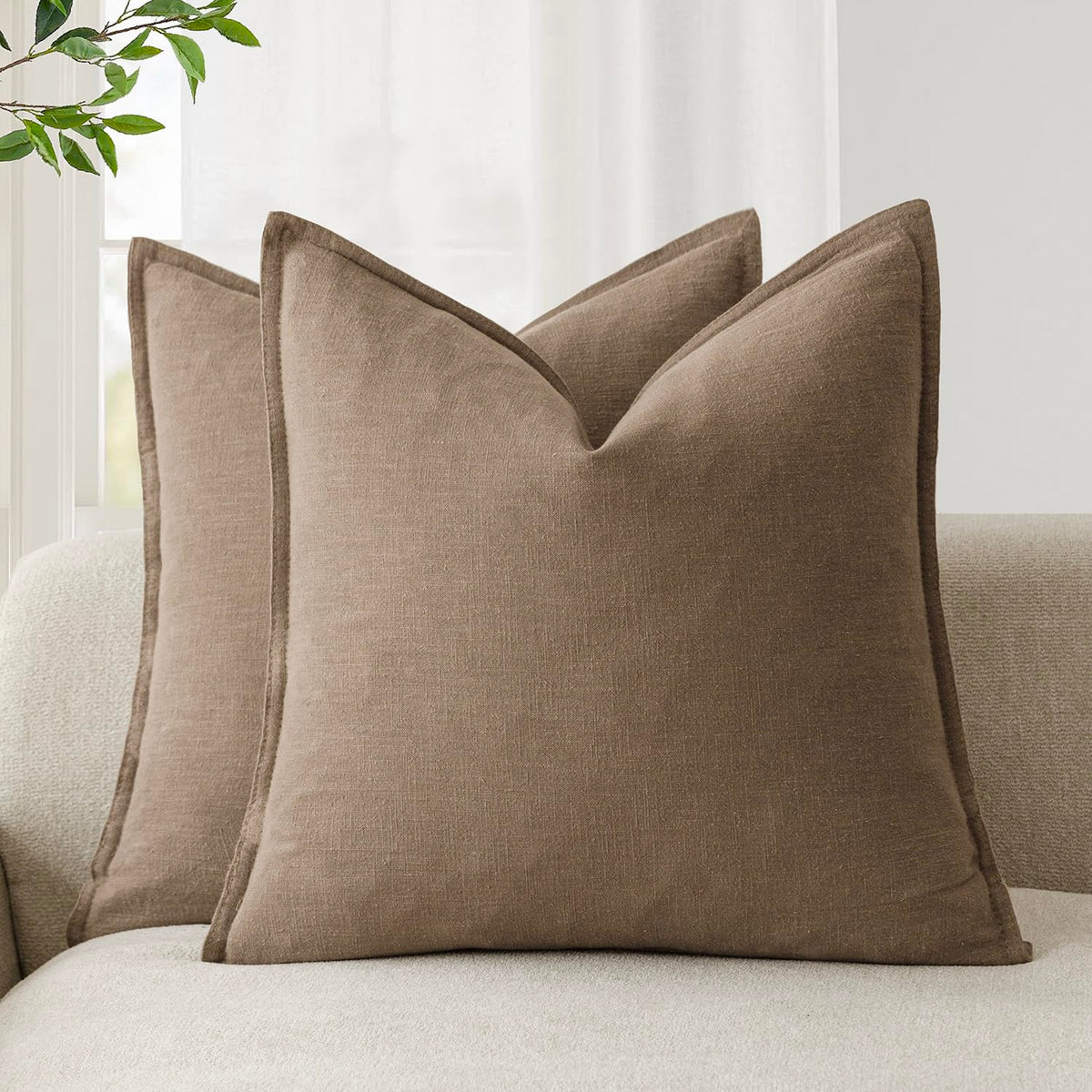 Pack of 2 Decorative Linen Solid Throw Pillow Covers Soft Accent Cushion Case Boho Farmhouse Neutral Pillowcase for Chair Couch Sofa Bedroom Living Room Home Decor 18 x 18 Inch Light Brown (2 Count)