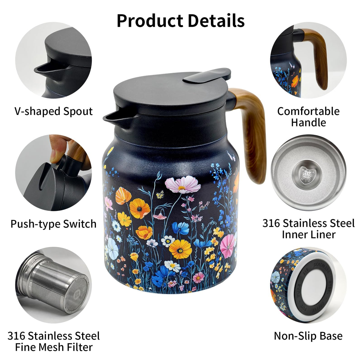 Stainless Steel Vintage Floral Tea Pot with Infuser