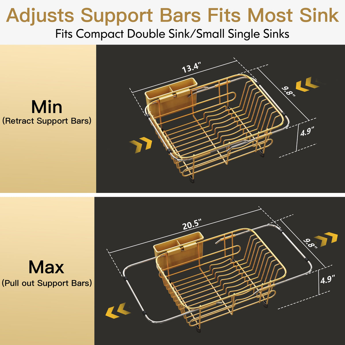 Gold Dish Drying Rack in Sink with Utensil Holder