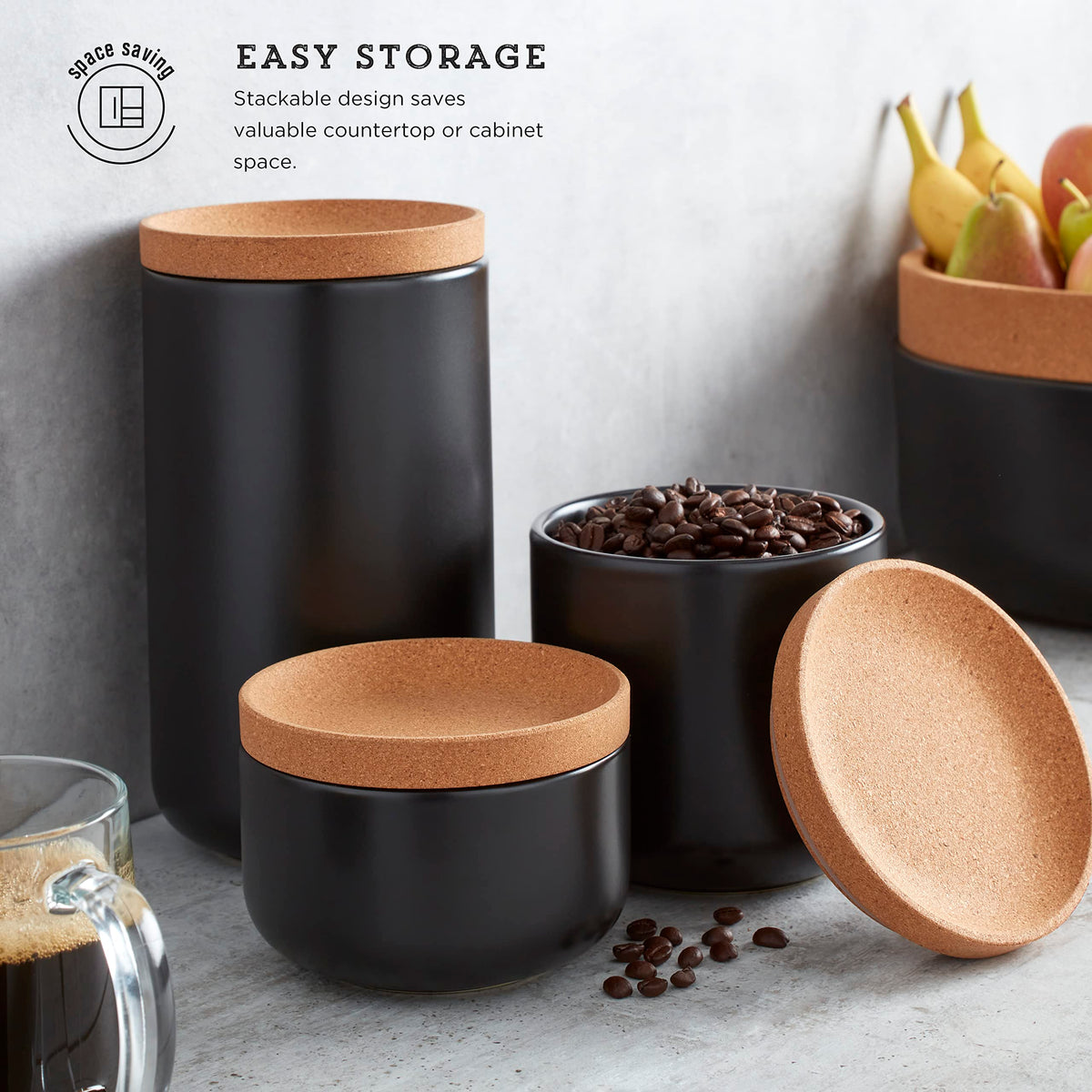 Ceramic and Cork Set of 3 Stackable Canisters