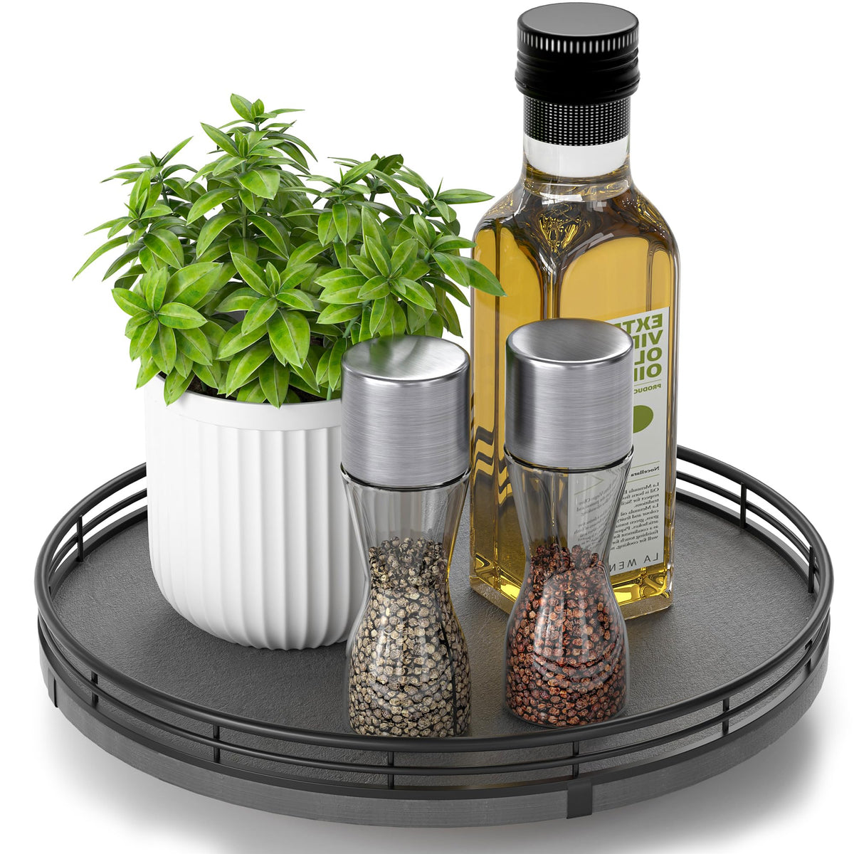 10 Inch Natural Slate Lazy Susan with Black Raised Iron Rim
