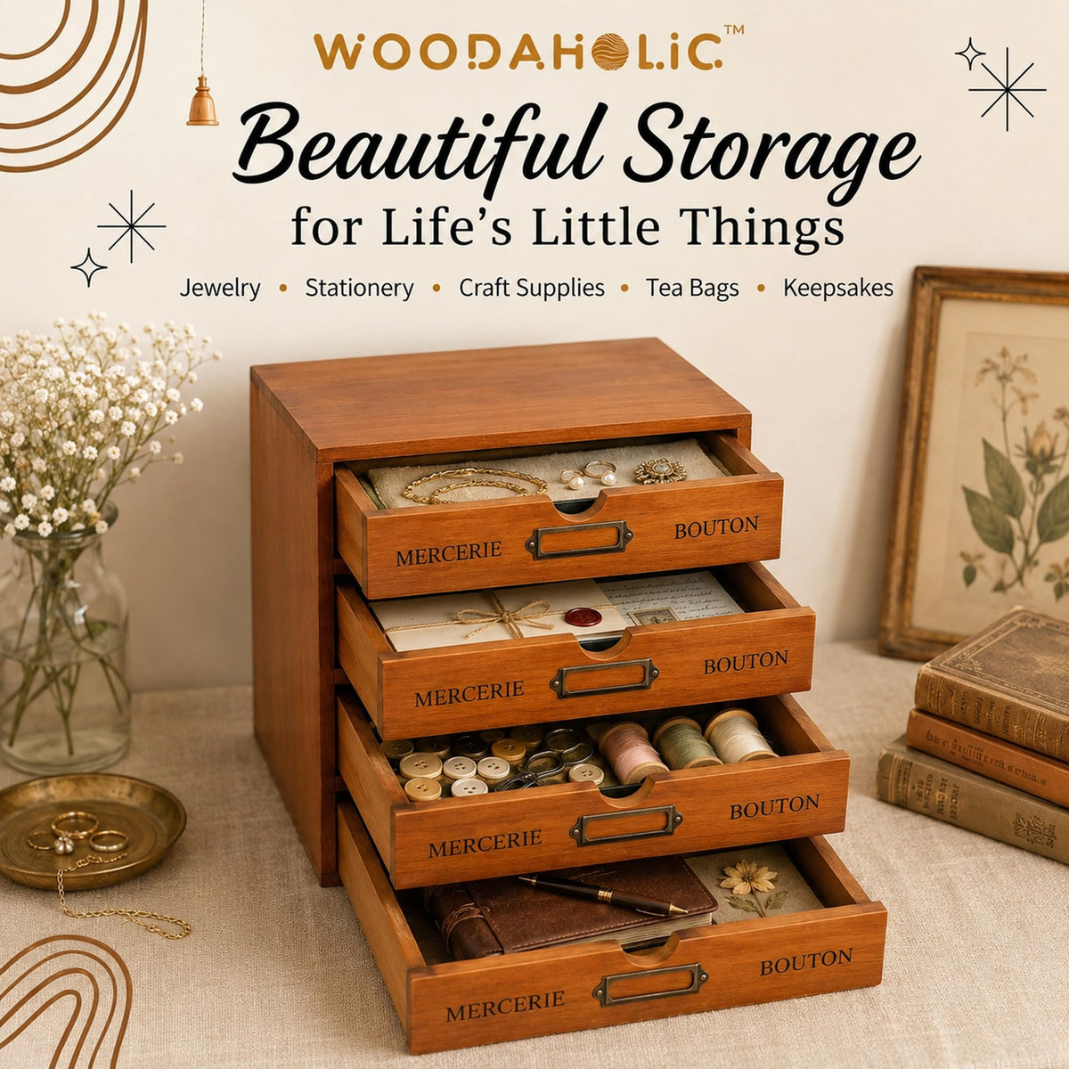 Modular Stackable Apothecary Cabinet 4 Drawer Desk Organizer