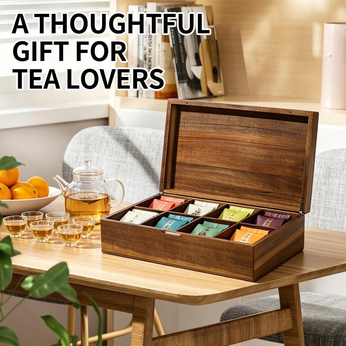 Acacia Wooden Tea Bag Organizer with Magnetic Lid