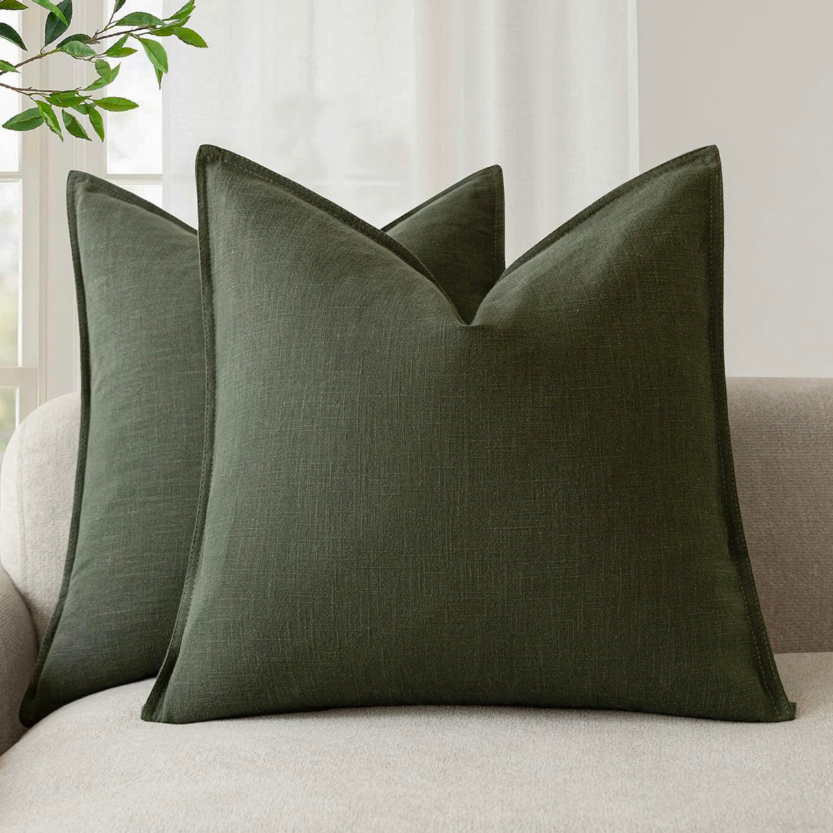 Pack of 2 Decorative Linen Solid Throw Pillow Covers Soft Accent Cushion Case Farmhouse Neutral Pillowcase for Chair Couch Sofa Bedroom Living Room Home Decor 16x16 Inch Olive Branch Green (2 Count)
