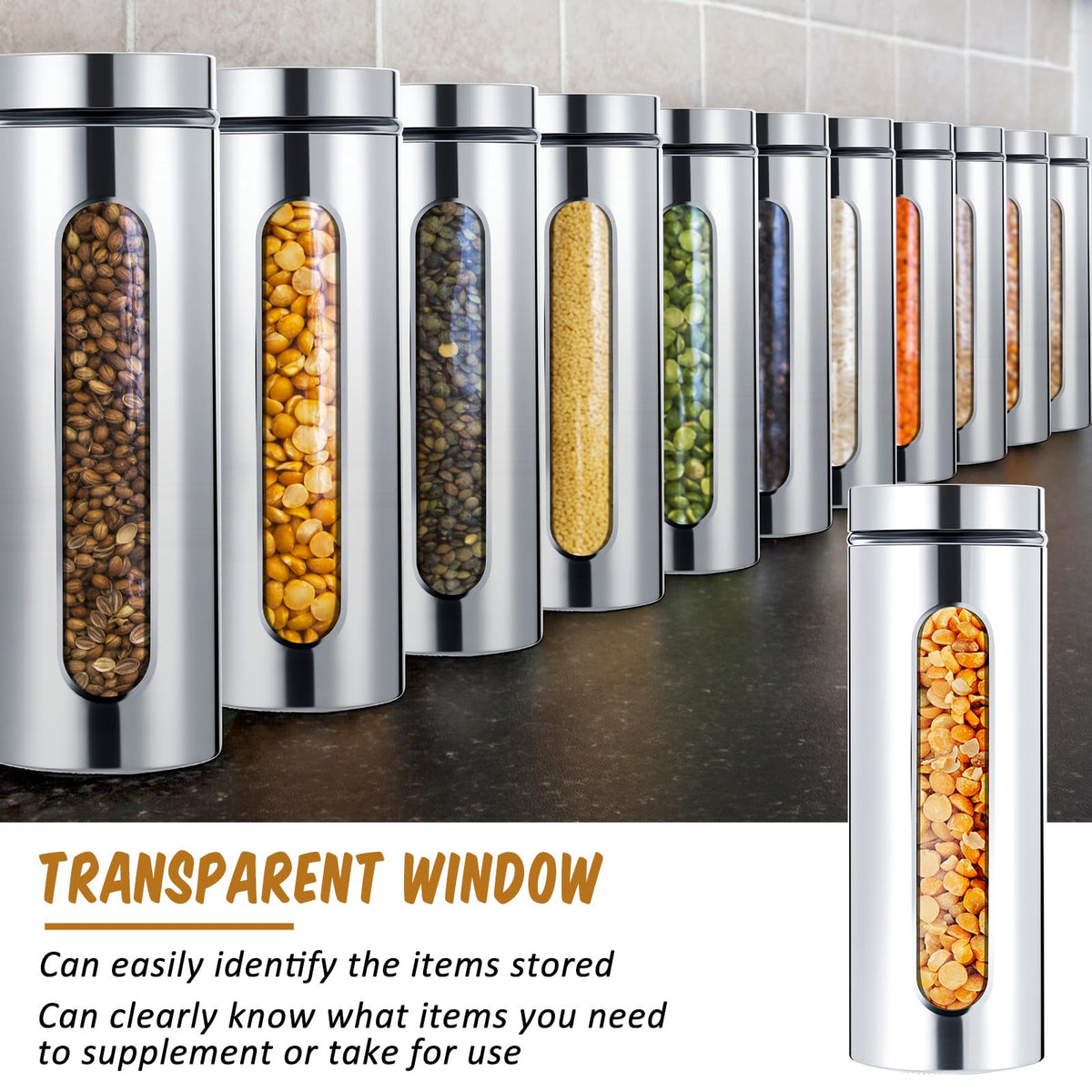 6 Pack 60 oz Airtight Stainless Steel Kitchen Canisters (6 Count)