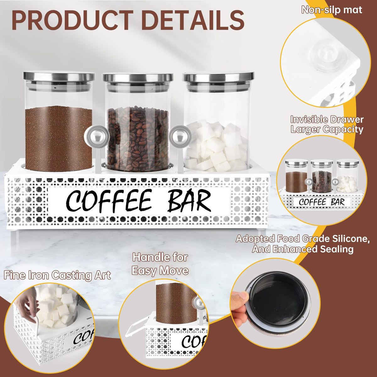 Glass Coffee Containers with Shelf 3x 47oz Coffee Station Organizer Glass Coffee Bean Storage with Spoon Coffee Canister Set Jars for Coffee Bean Ground Nuts