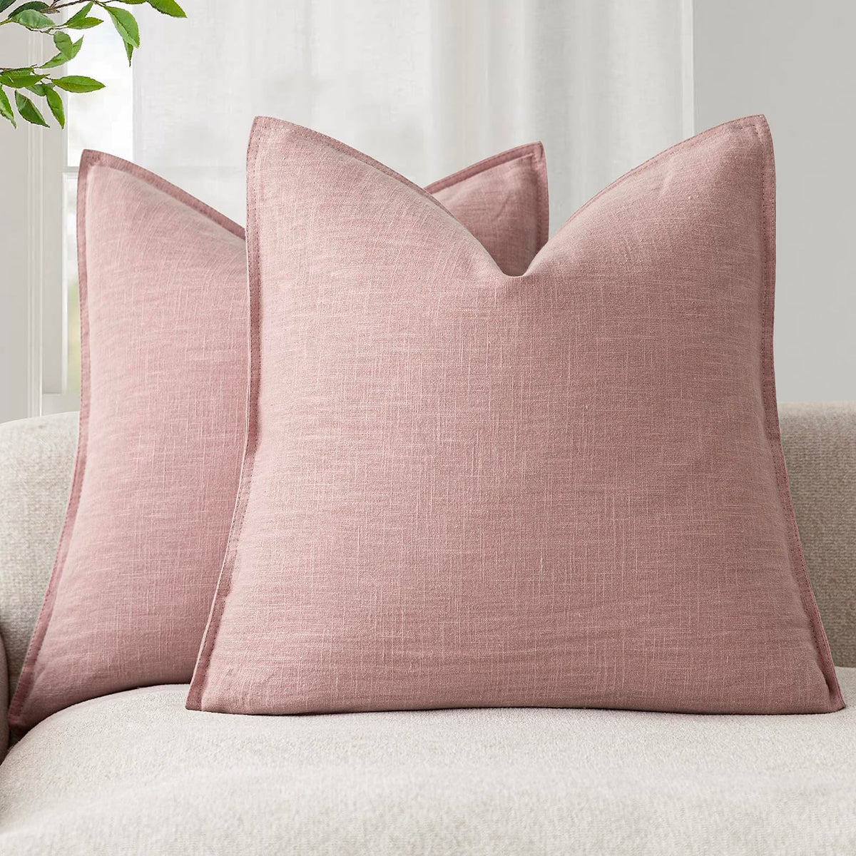 Pack of 2 Decorative Linen Solid Throw Pillow Covers Soft Accent Cushion Euro Case Boho Farmhouse Pillowcase for Chair Couch Sofa Bedroom Living Room Home Decor 24 x 24 Inch Rose Pink (2 Count)