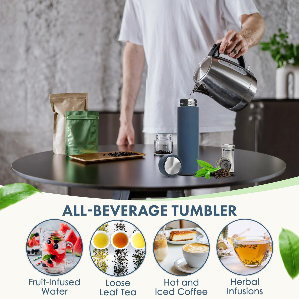 All-in-One Tea Thermos with Infuser for Loose Tea, Coffee, Fruit-Infused Water (Hot/Cold) - 16.9oz Insulated Stainless Steel Coffee Travel Mug, Tea Infuser Cup, Leakproof Tea Cup