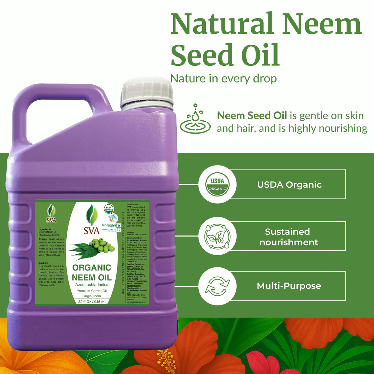 SVA Organic Neem Seed Carrier Oil (32 Fl Oz)