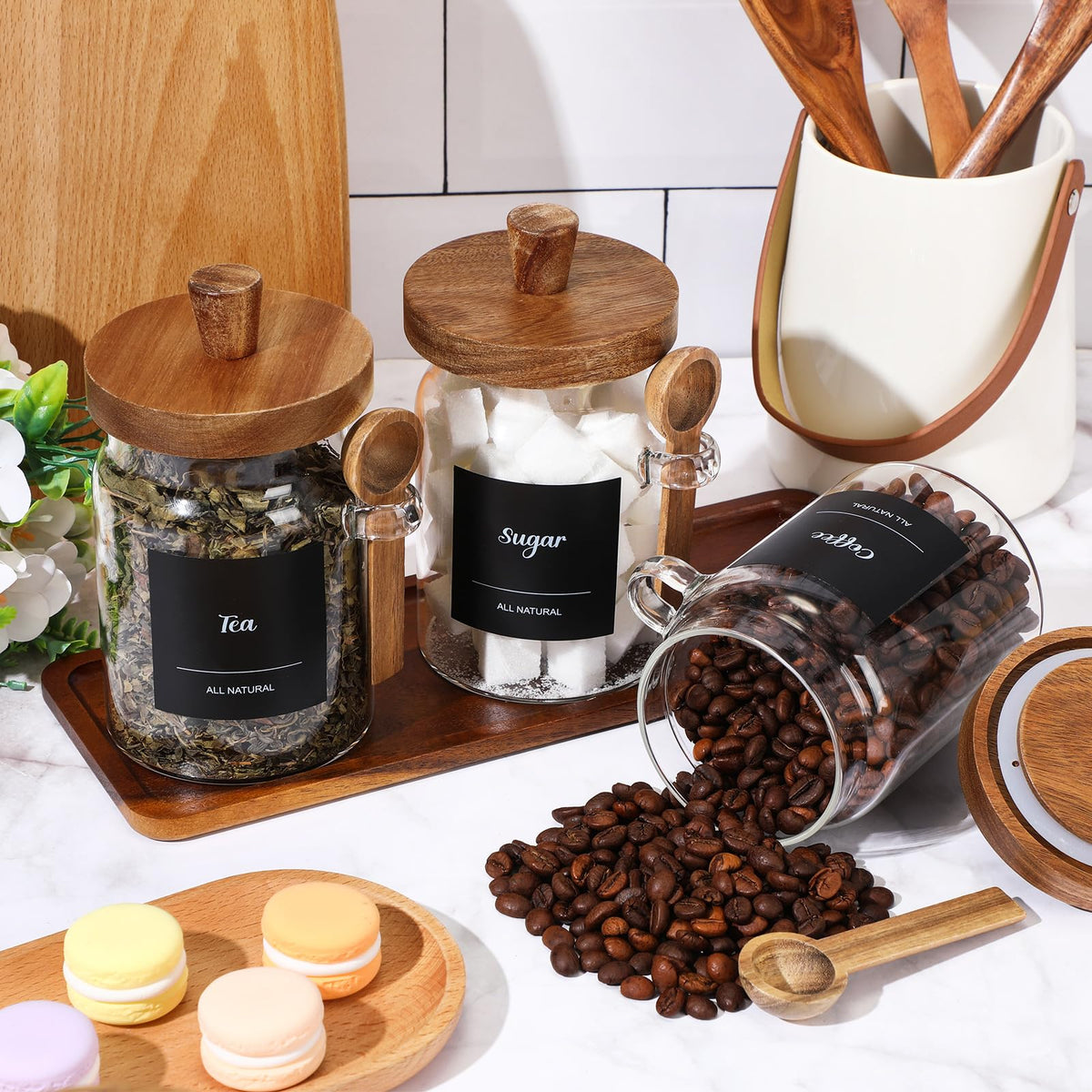 3 Pcs Glass Coffee Container with Wooden Lid Spoon Shelf Labels Clear Airtight Jar Food Storage Canister Set for Sugar Spice Coffee Bean Holder Housewarming Gift (3 Count)