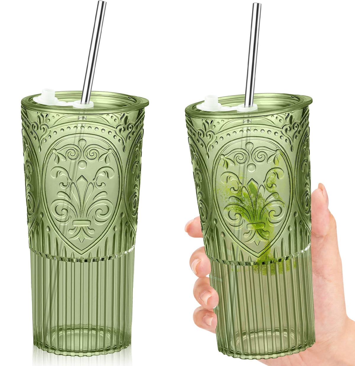 2 Set 20oz Vintage Plastic Tumbler with Lids and Straws Ribbed Floral Drinking Glasses Reusable Iced Coffee Cups for Water Juice Smoothie Cocktail Travel Party Events Gift (2 Count)