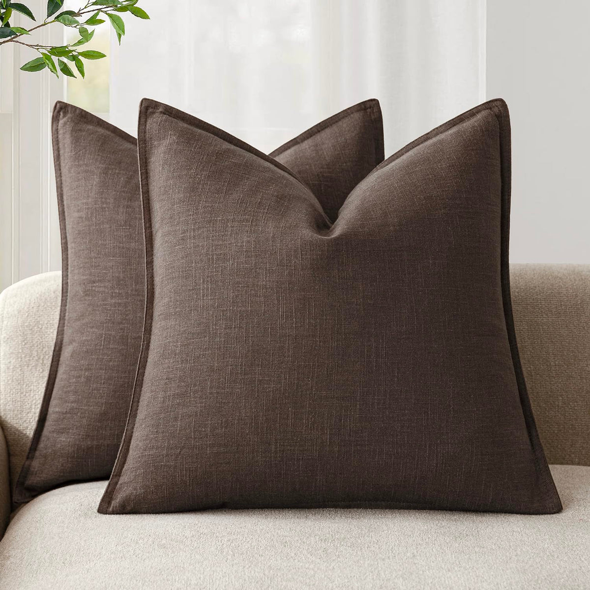 Pack of 2 Decorative Linen Soild Throw Pillow Covers Soft Accent Cushion Case Boho Farmhouse Neutral Pillowcase for Couch Sofa Bedroom Living Room Home Decor 24 x 24 Inch Reddish Brown (2 Count)