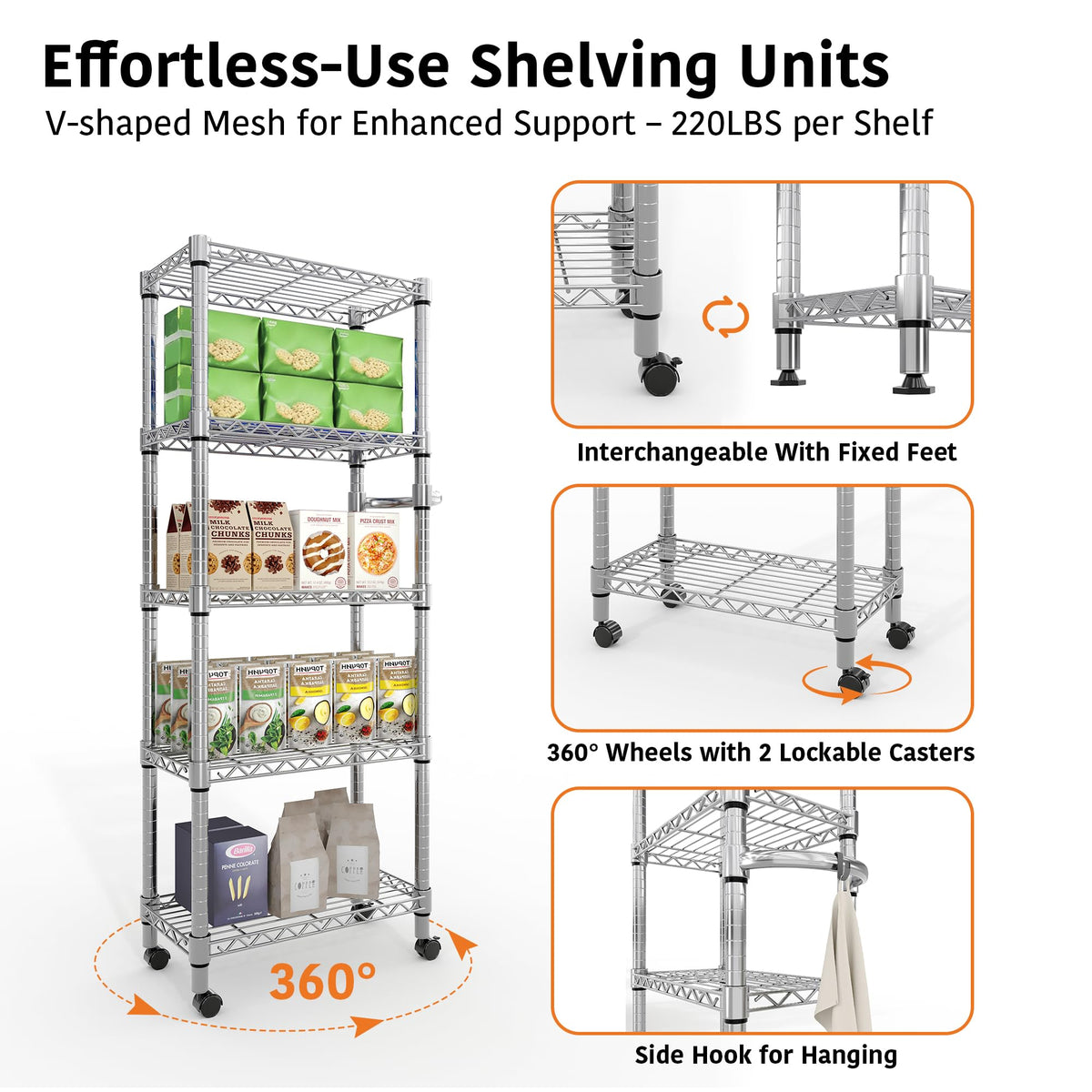 61" H Storage Shelves with Wheels 1100LBS Rolling Metal Wire Rack