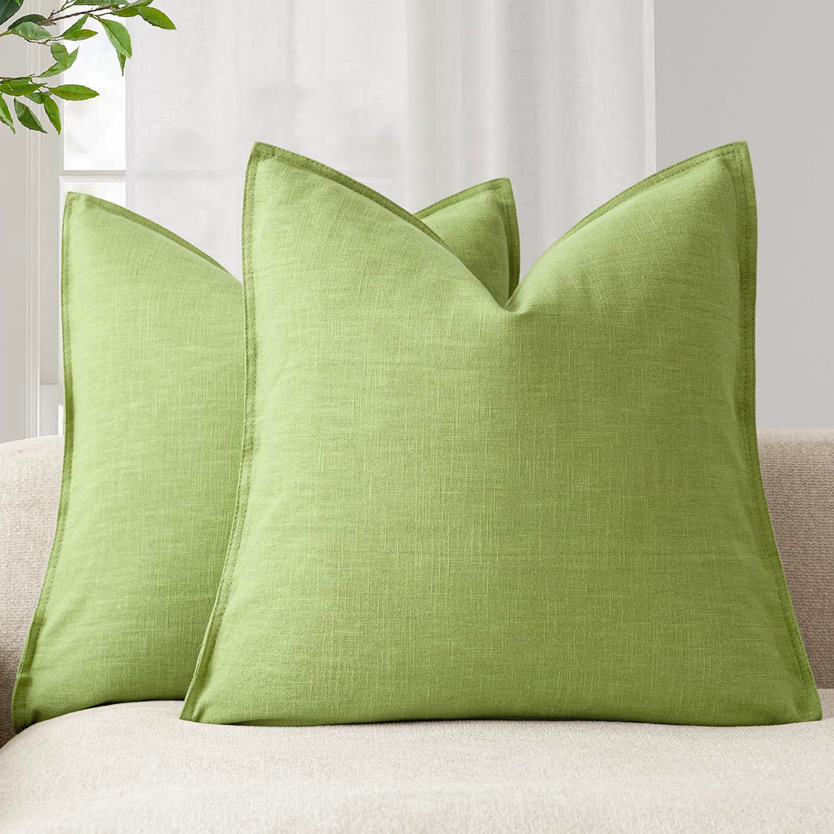 Pack of 2 Decorative Linen Solid Throw Pillow Covers Soft Accent Euro Cushion Case Farmhouse Neutral Pillowcase for Chair Couch Sofa Bedroom Living Room Home Decor 24 x 24 Inch Lush Green (2 Count)