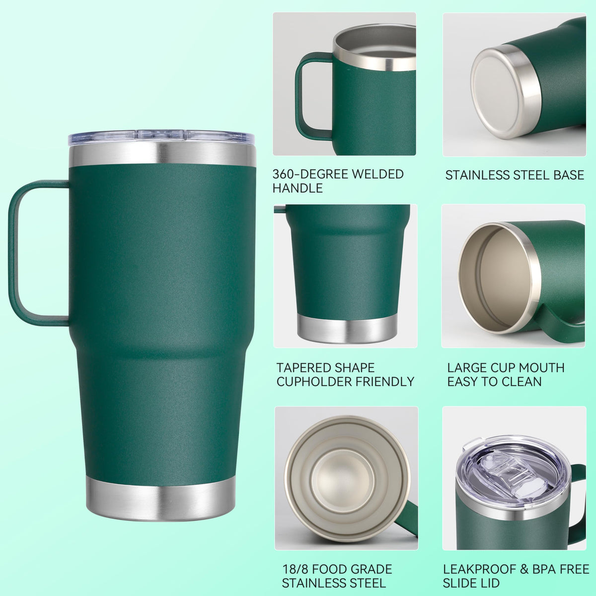 20 oz Stainless Steel Tumbler with Handle Bulk Metal Insulated Tumblers Travel Coffee Mug with Handle Double Wall Tumbler Cup with Lid and Straw (6 Count)