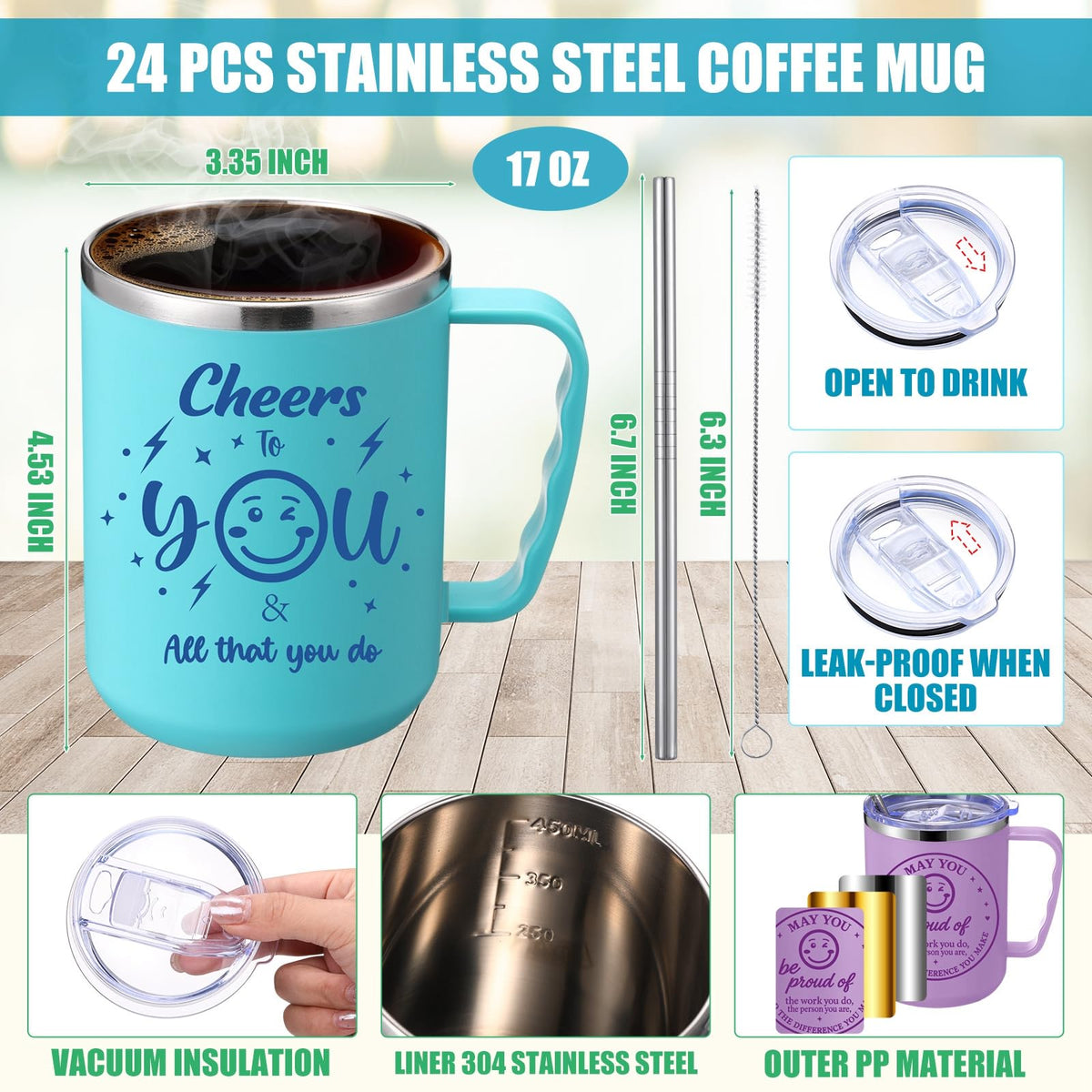 24 Pcs CNA Week Employee Appreciation Gift Smile Face Mug Coffee Thank You for Being Awesome 17oz Camping Mug with Handle Vacuum Stainless Steel Insulated Travel Tumbler for Hot Cold Drinks (24 Count)